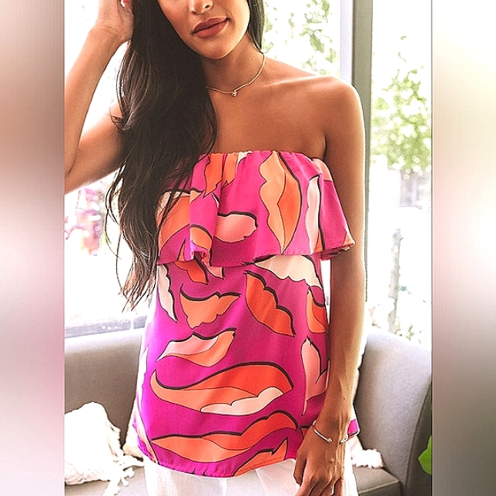 FRESH TART Camilla Tropical Dream Floral  Leaf Strapless Top NWT